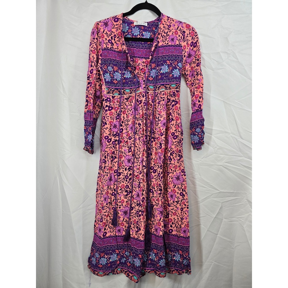 R.Vivimos Womens Boho Floral Midi Dress Pink Purple Tassel Tie Long Sleeve Small